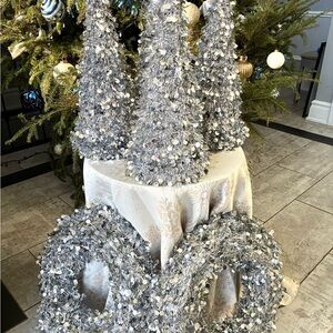 POST-Christmas SALE: 4 Silver Decorative Trees and 2 Wreath Holiday Set